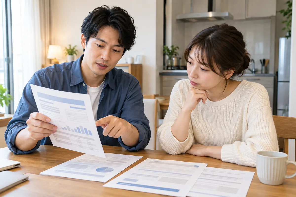 住居で架空の契約資料を広げ、内容を一緒に確認する2人のイメージ