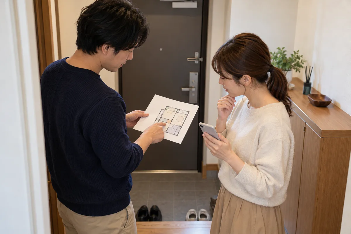 住居の玄関で架空の図面を広げ、平時の確認をする2人のイメージ