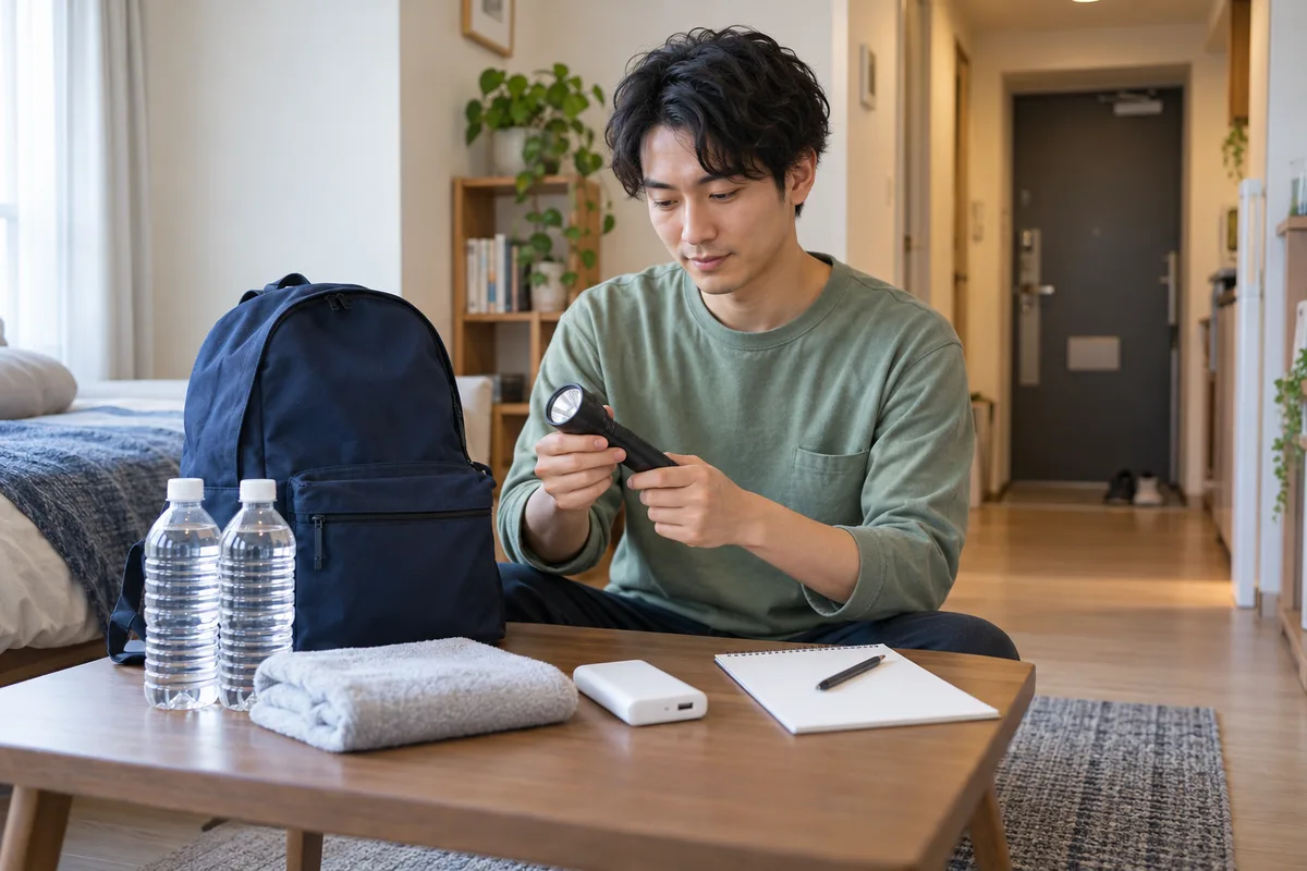 住居で持ち出しバッグと水を並べ、懐中電灯を確認するイメージ