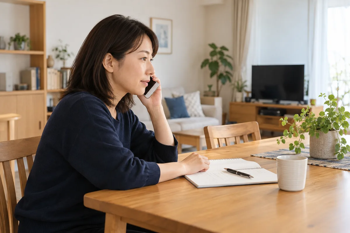 住まいでメモを用意し、電話で相談するイメージ