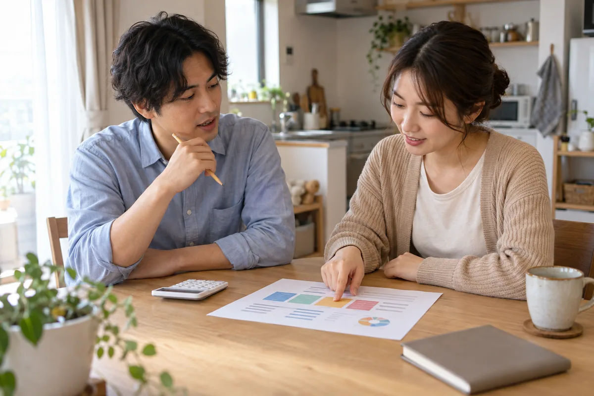 住居費用を表す架空の図を見ながら説明し、質問する2人のイメージ