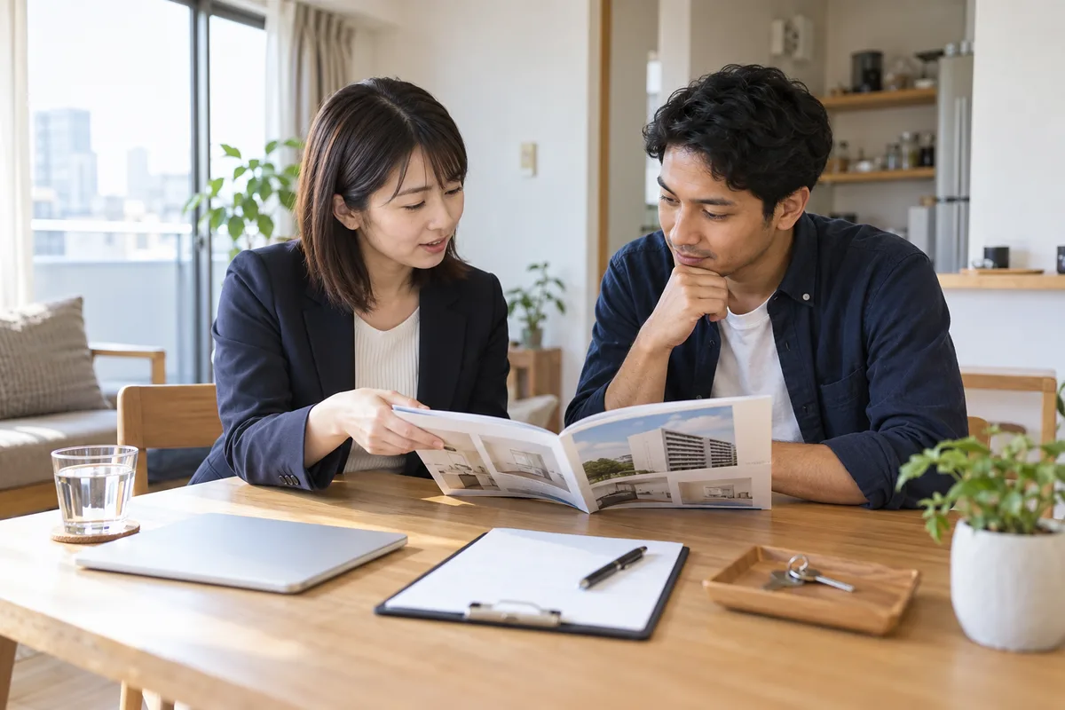 住居の資料を広げて説明を確認する2人のイメージ