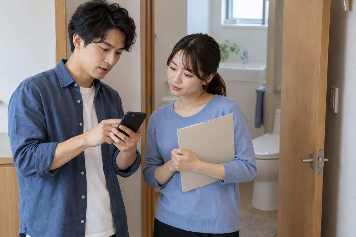 住居の設備の前で、スマートフォンと資料を用意し連絡先を確認する2人のイメージ