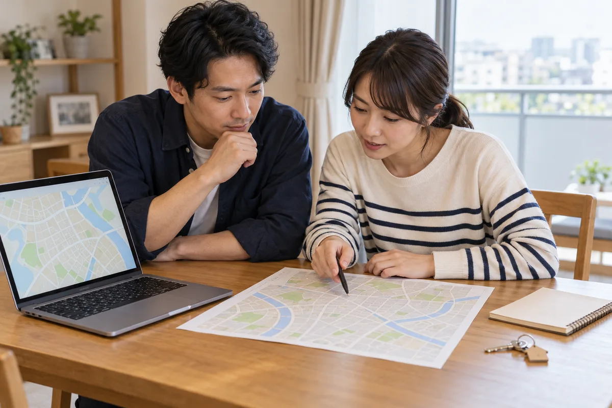 パソコンと紙の地図を並べ、住居周辺の確認を進める2人のイメージ