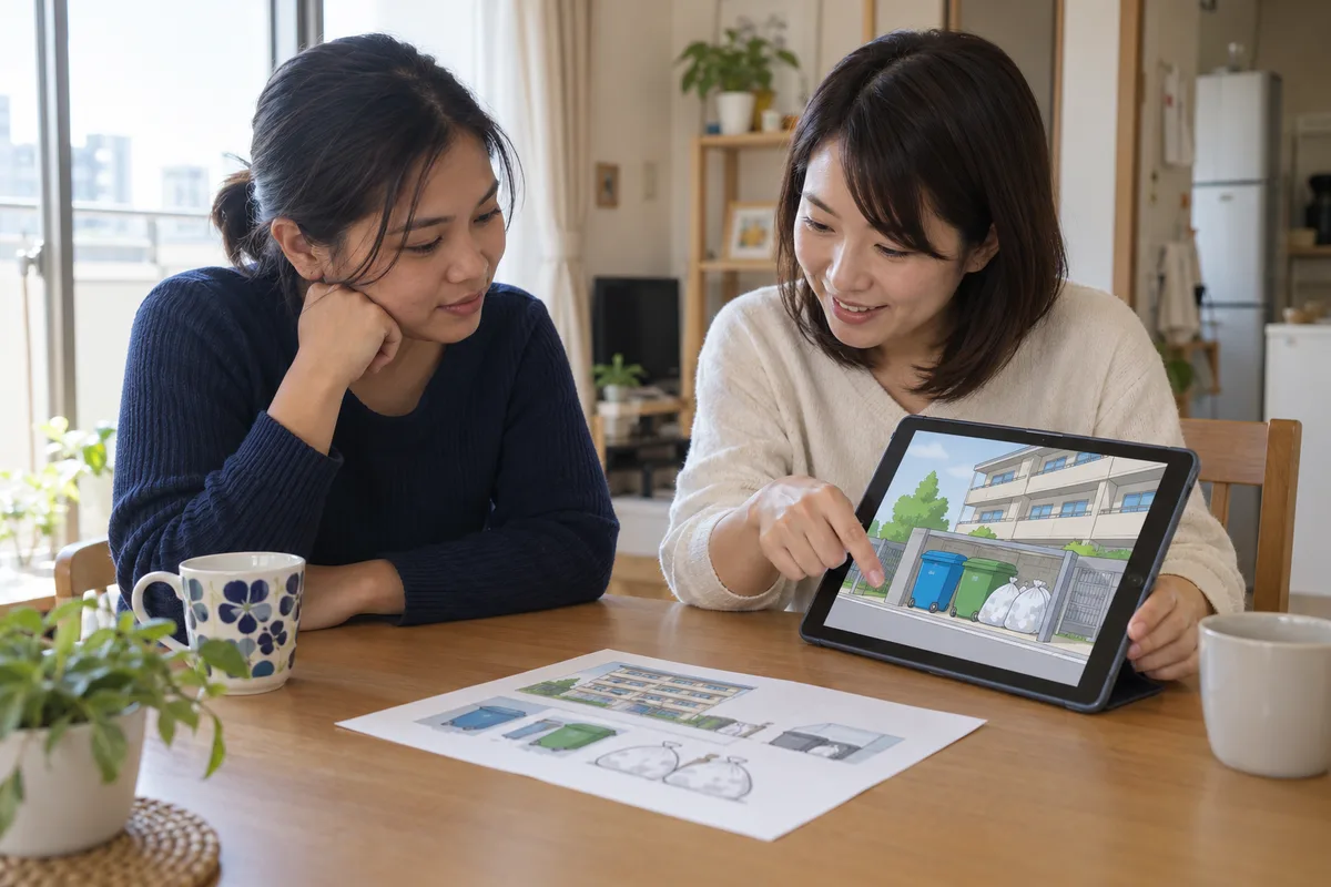 住居と生活ルールの教材をタブレットで一緒に確認するイメージ