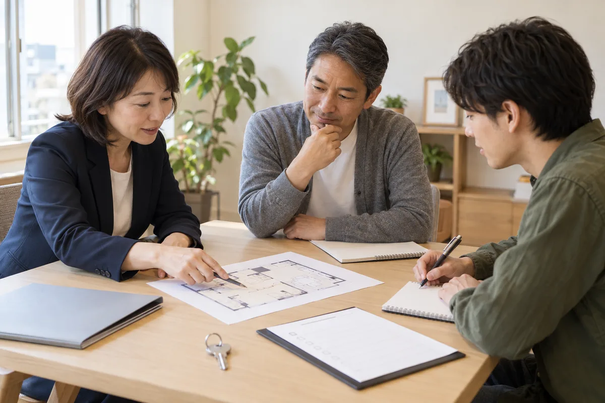 住居の図面を囲み、入居時の対応について打ち合わせる3人のイメージ