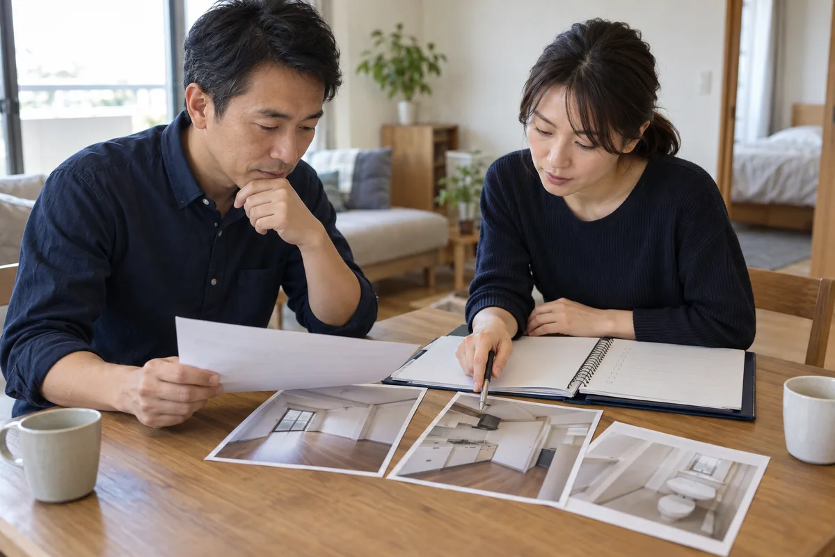 住居の書類と室内写真を並べて確認する2人のイメージ