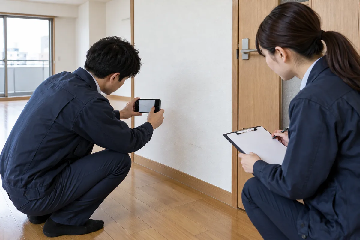 入居時に壁の傷を写真とチェック表で記録するイメージ