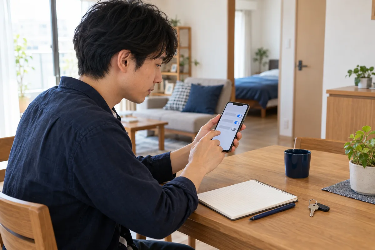 住居でスマートフォンの設定を確認する場面のイメージ