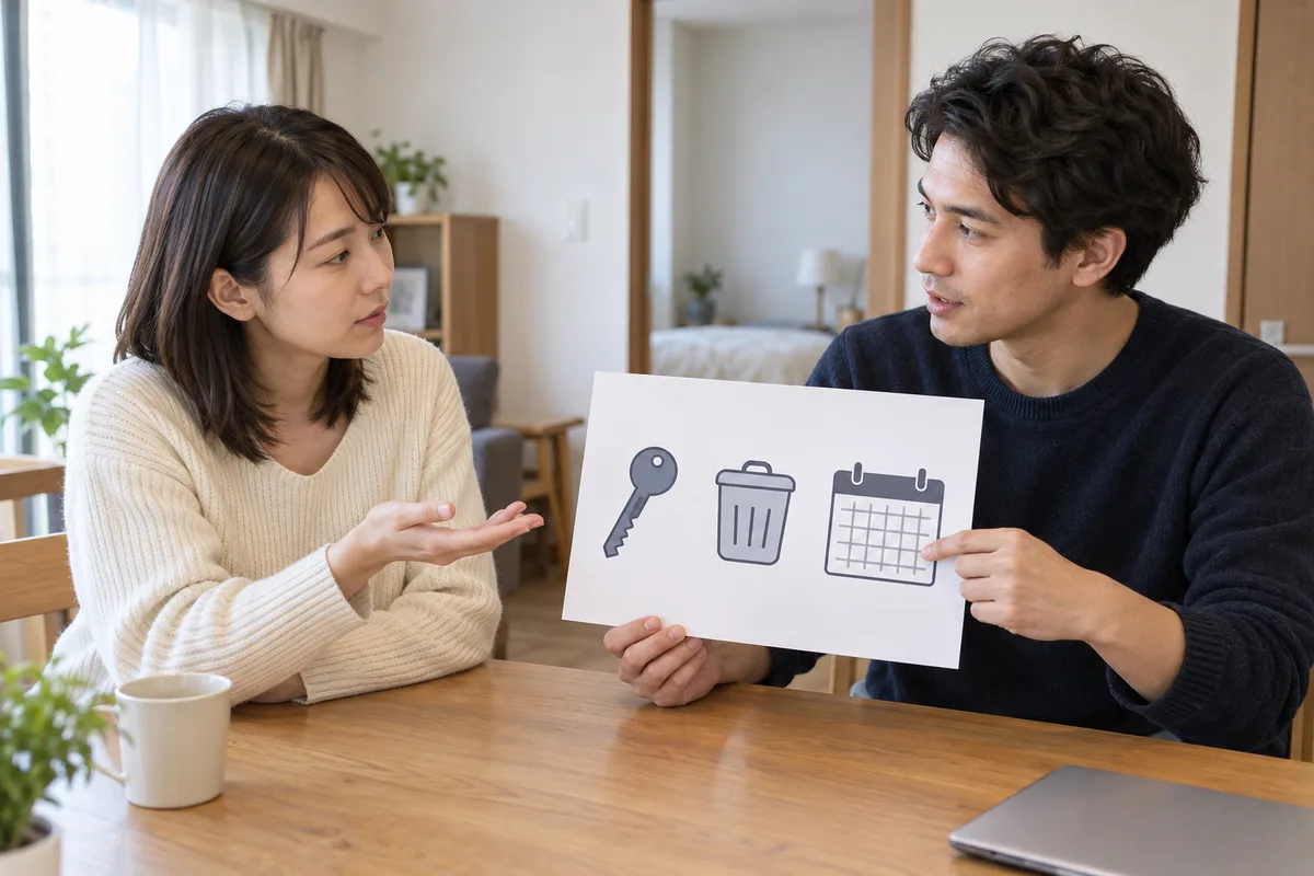 住居に関する図を見ながら、説明を聞き質問する2人のイメージ