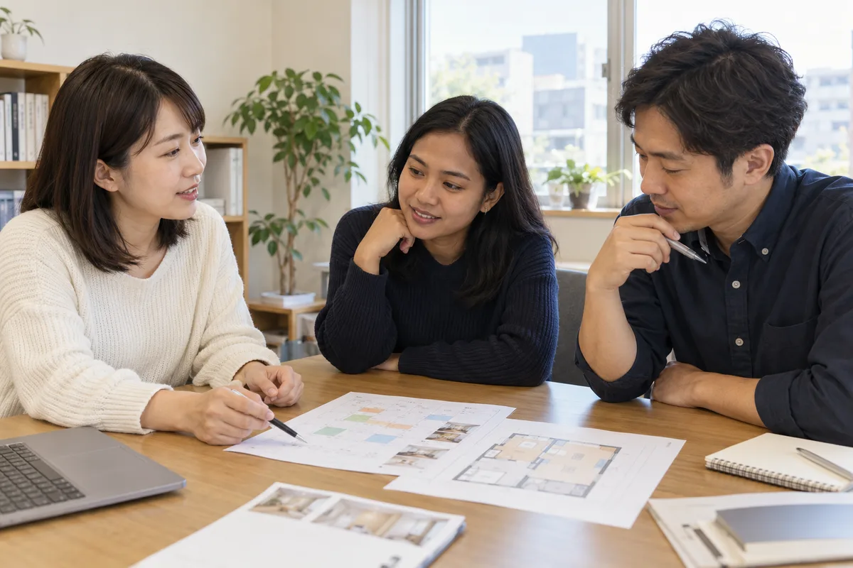 3人で住居支援の予定と部屋の資料を確認するイメージ