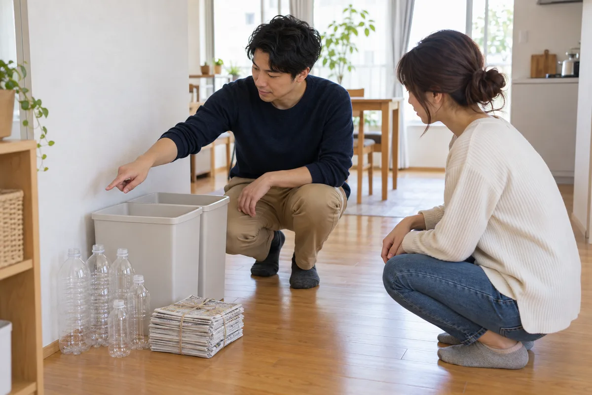 住居内でごみ箱と分けた資源を前に、置き場所を一緒に確認するイメージ